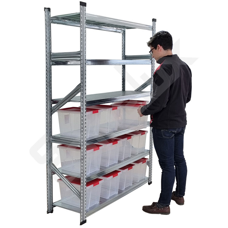 Estanter�a met�lica Galvamil con 6 estantes y 12 cajas de organizaci�n en los estantes inferiores